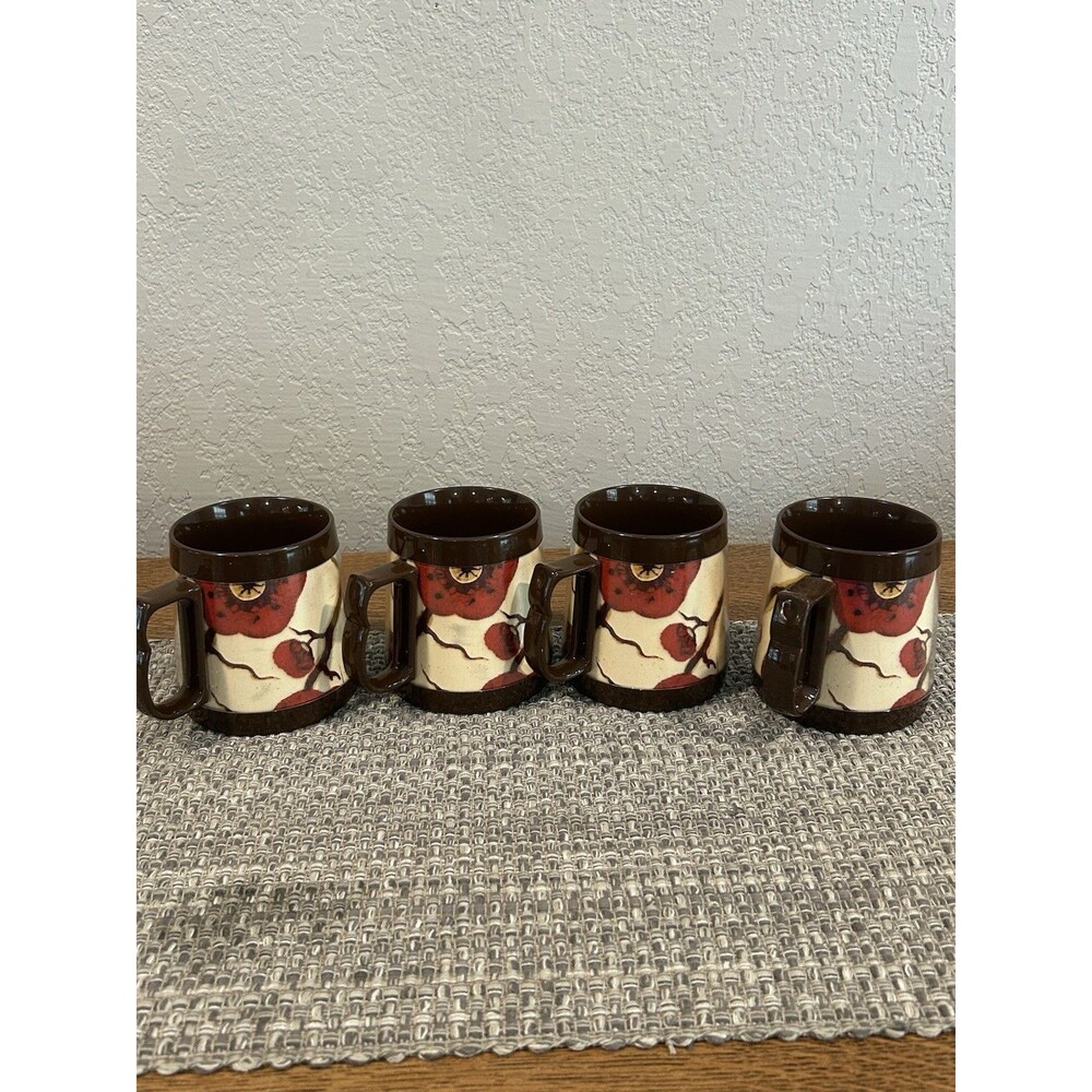 Thermo Serve Plastic Coffee Mugs Vintage Brown Burgundy Floral Print Set Of 4